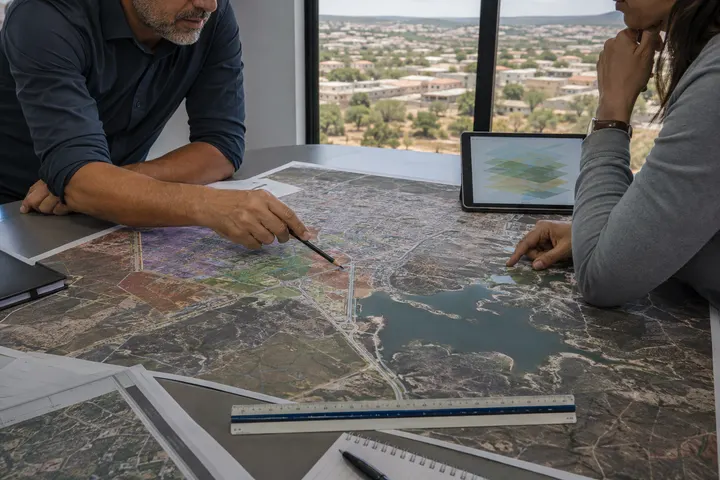 Cena conceitual de planejamento territorial com mapas e análise de infraestrutura.